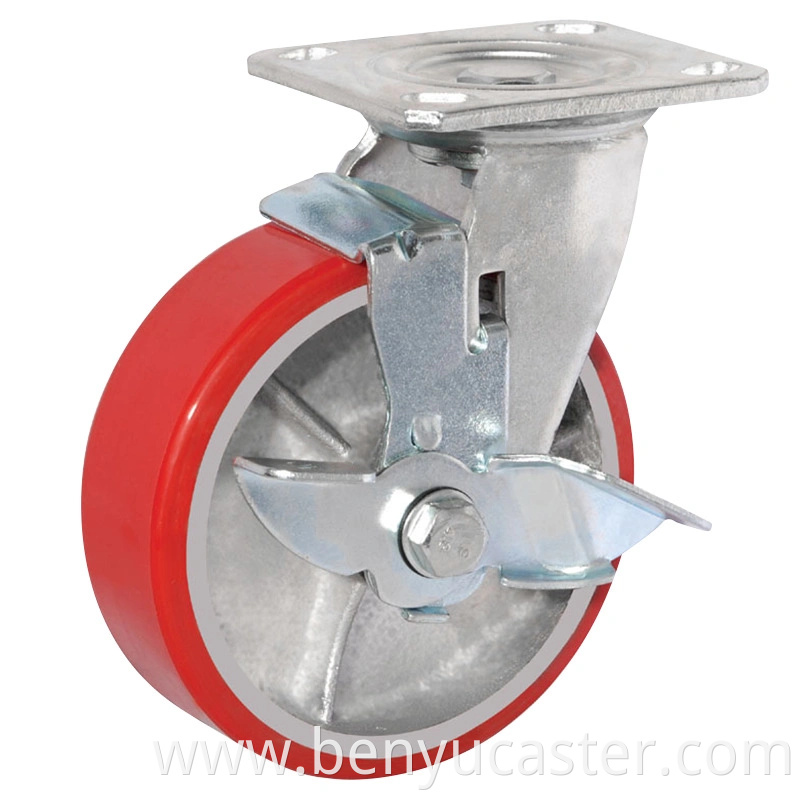 Roller Bearing Heavy-Duty Iron Core Ployrethane-Covered Casters with Side Brake